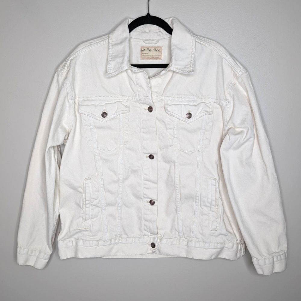 We The Free Jolene Trucker Distressed Denim Jacket Off White sz L